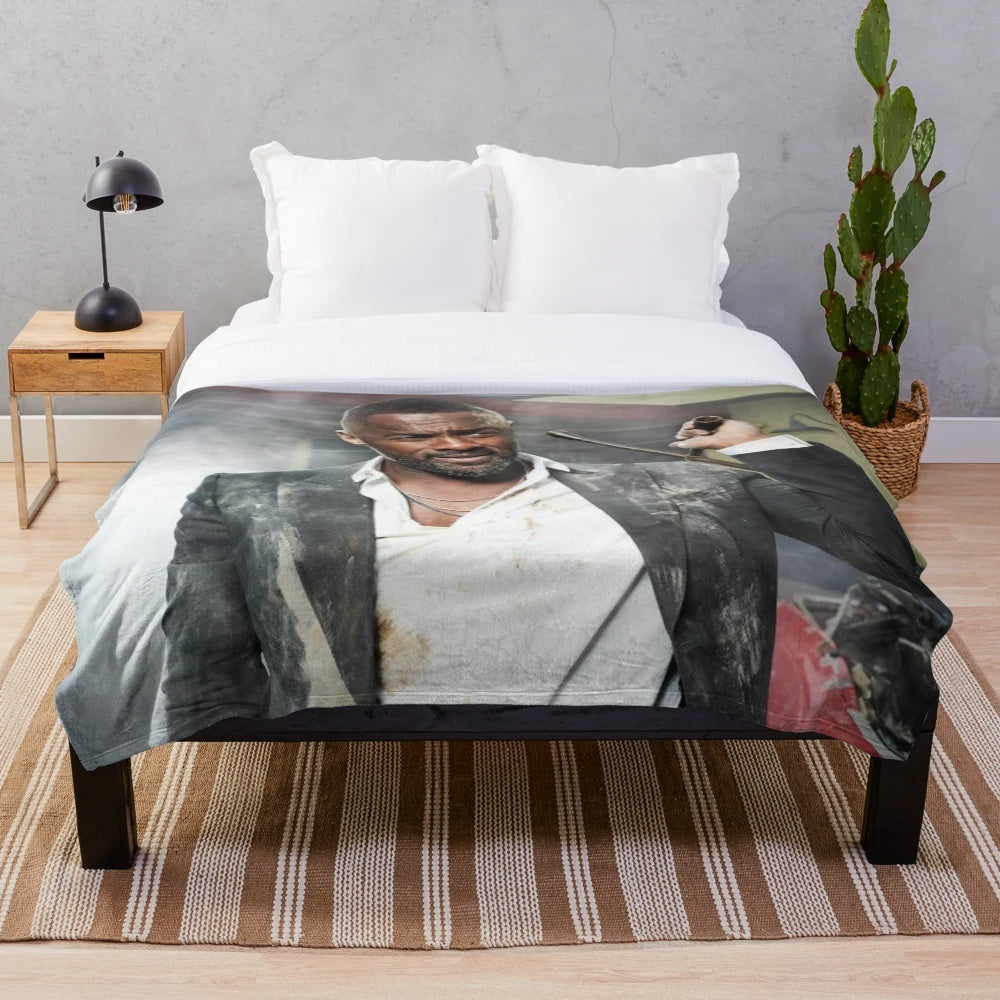 Idris Elba plush blanket featuring actor and characters from the movie The Harder They Fall