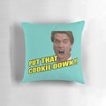 Arnold Schwarzenegger as the Terminator with the quote "I'll Be Back" on a decorative pillow