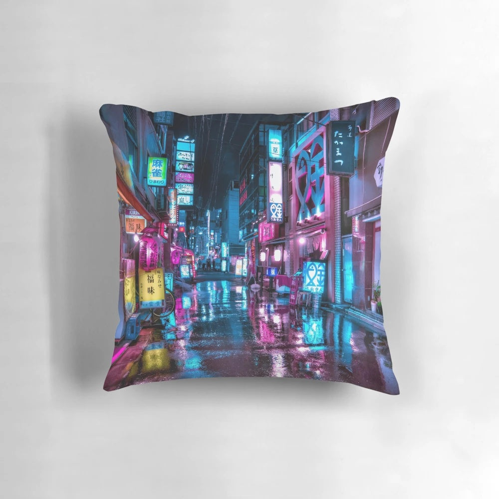 Pillow featuring a moody, neon-lit alleyway in Tokyo's city streets