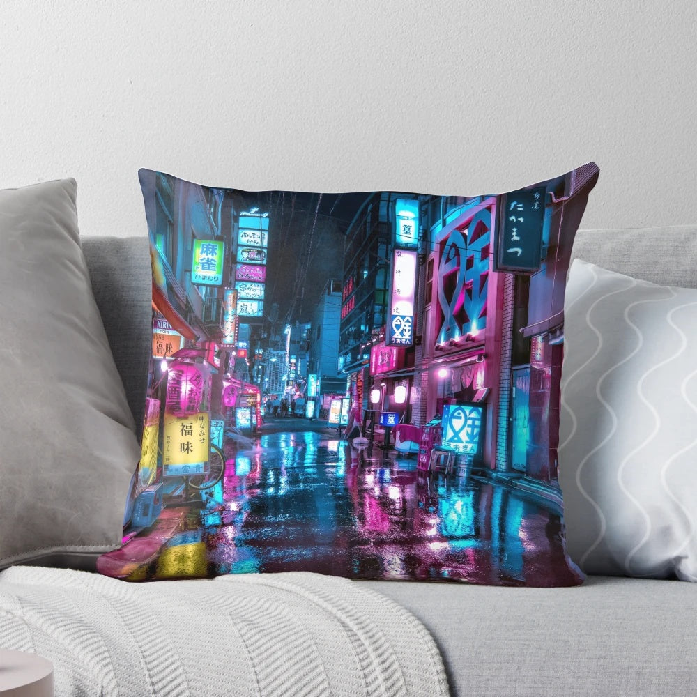 Pillow featuring a moody, neon-lit alleyway in Tokyo's city streets