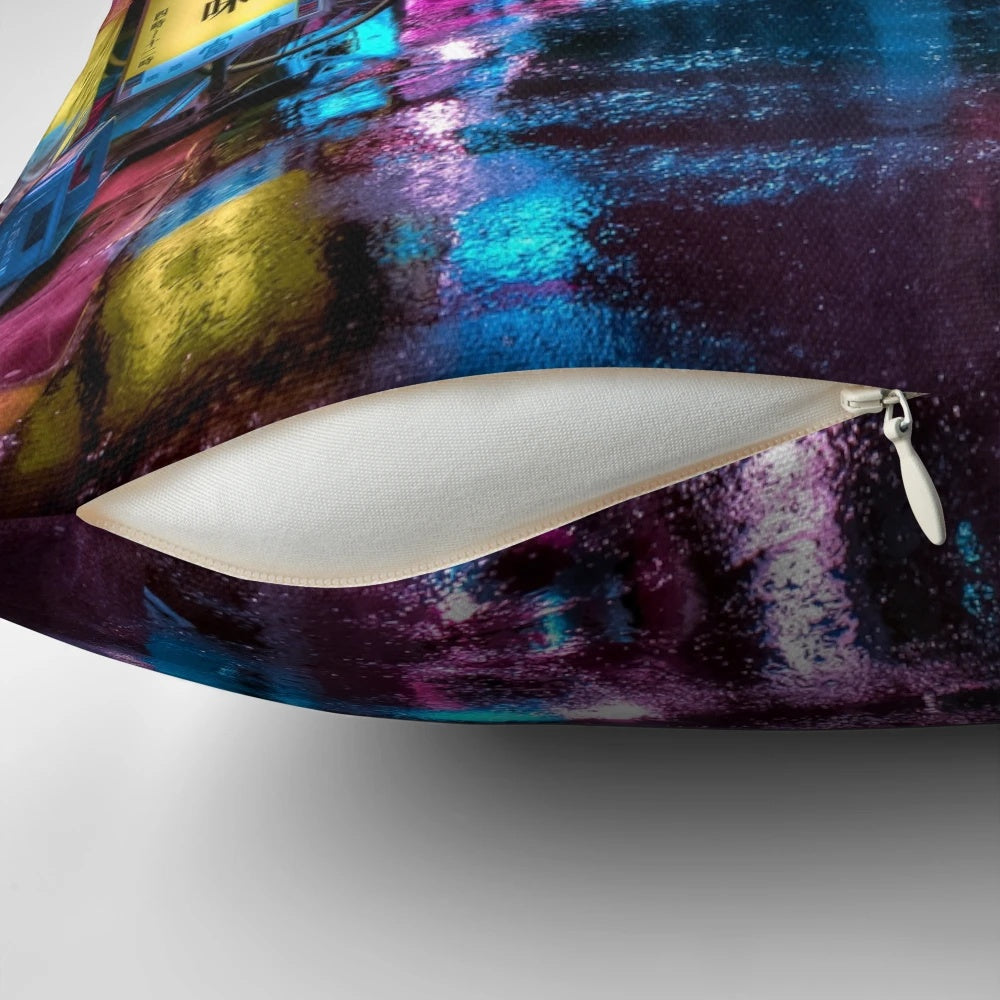 Pillow featuring a moody, neon-lit alleyway in Tokyo's city streets