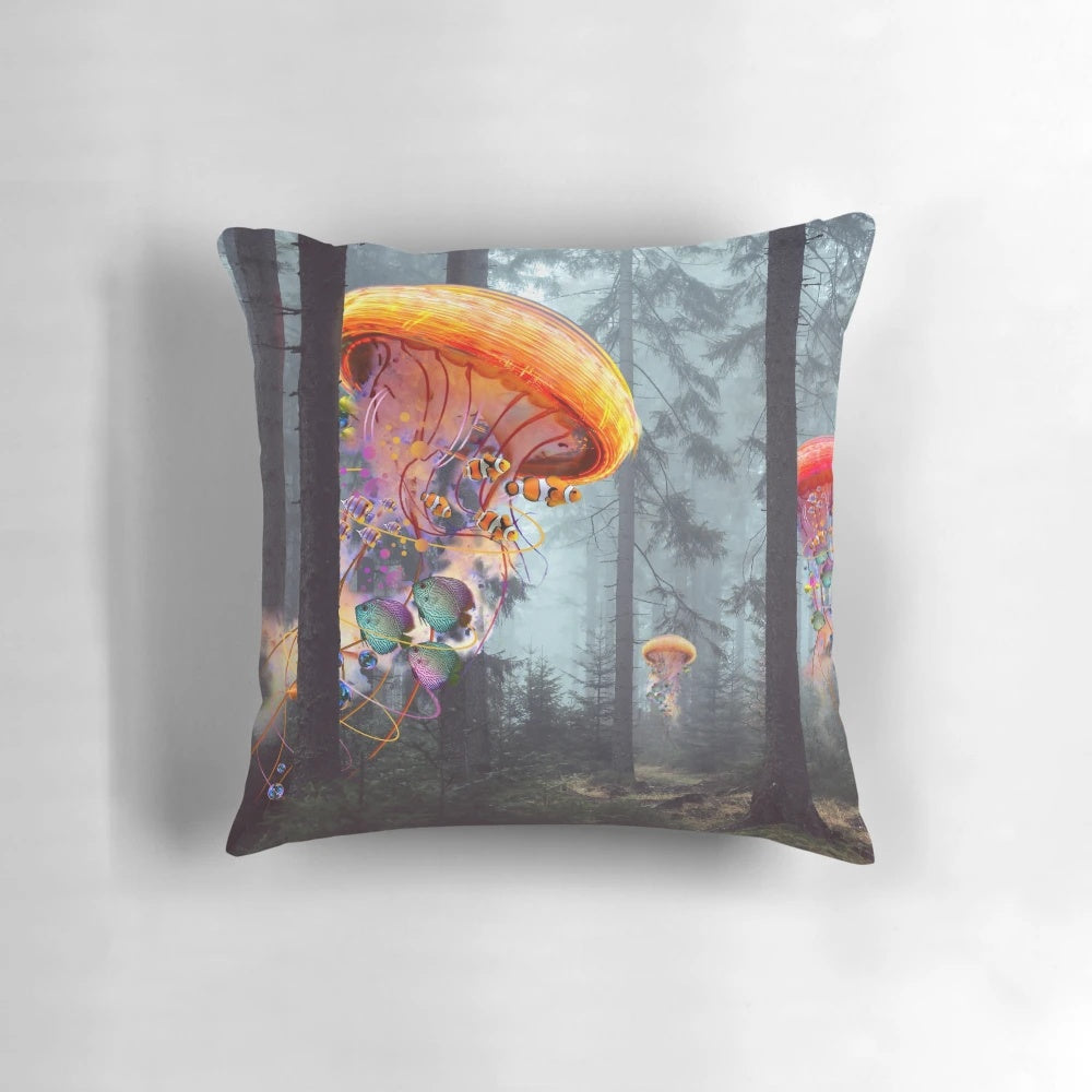 Decorative pillow featuring an enchanting underwater scene with glowing jellyfish and magical forests.