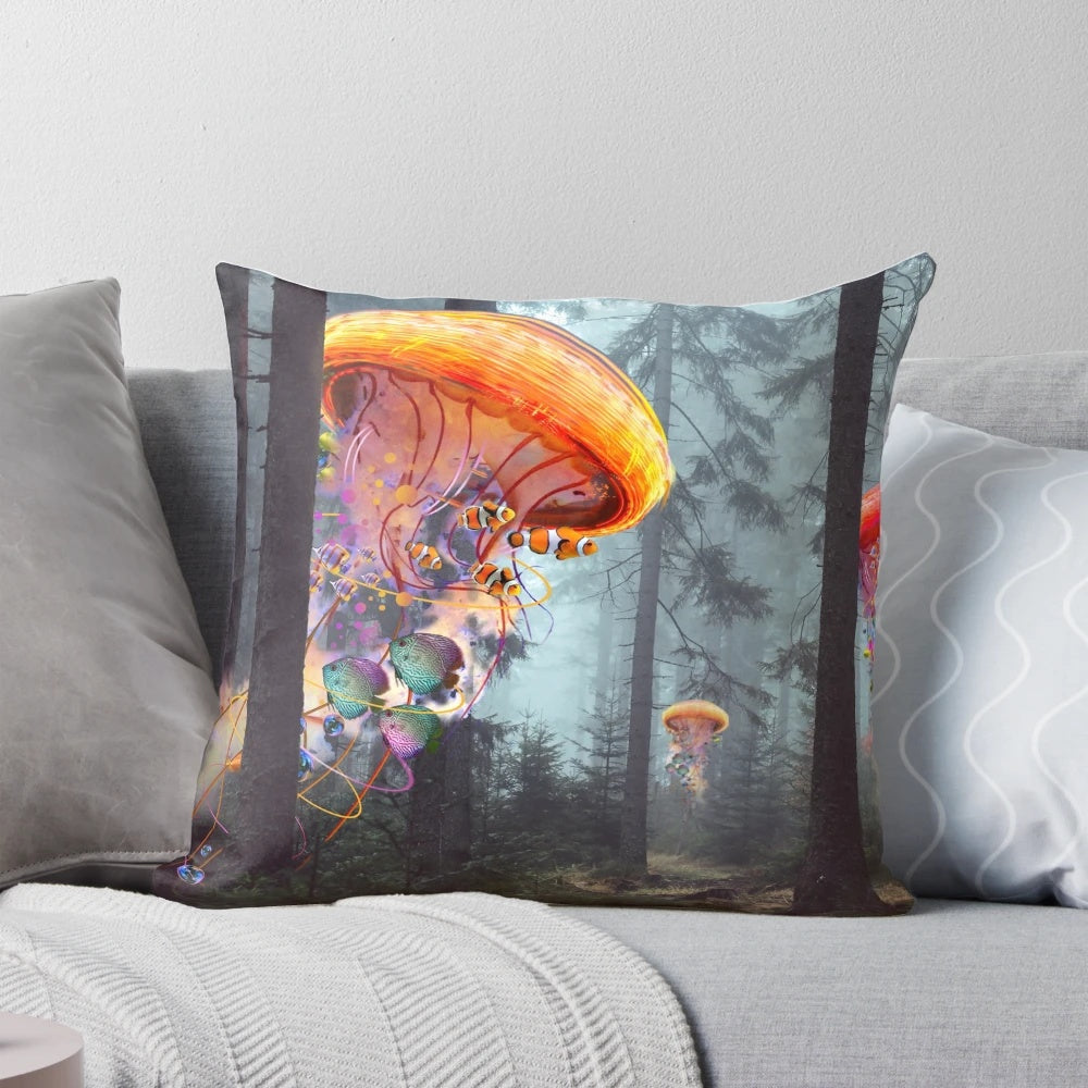 Decorative pillow featuring an enchanting underwater scene with glowing jellyfish and magical forests.