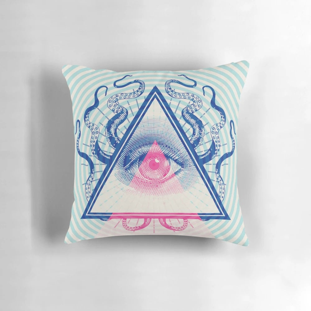 Illuminati pop art throw pillow with abstract geometric and surreal design elements