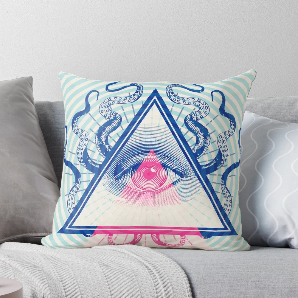Illuminati pop art throw pillow with abstract geometric and surreal design elements