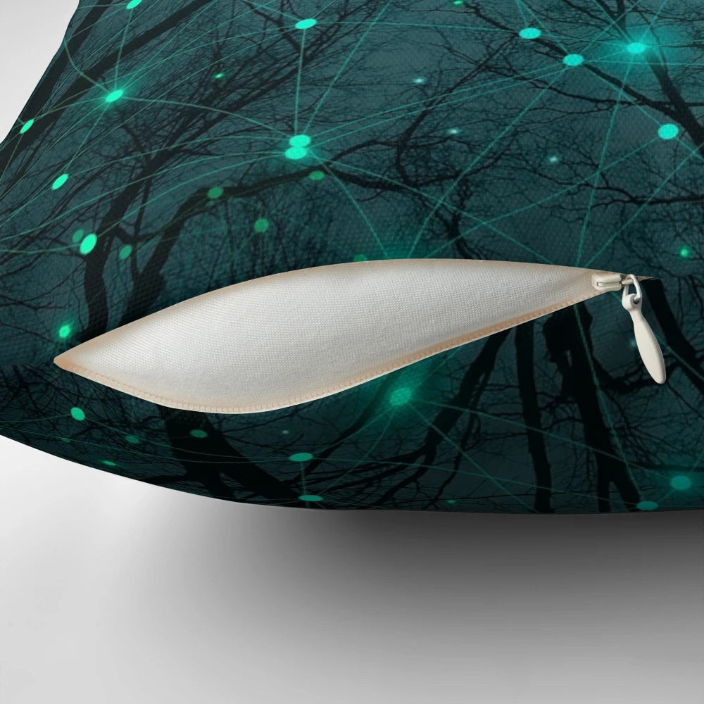 Pillow featuring a design of glowing geometric stars against a teal and mint galaxy background