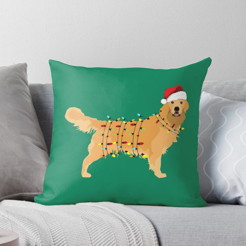 Golden Retriever in Christmas lights on a festive holiday pillow