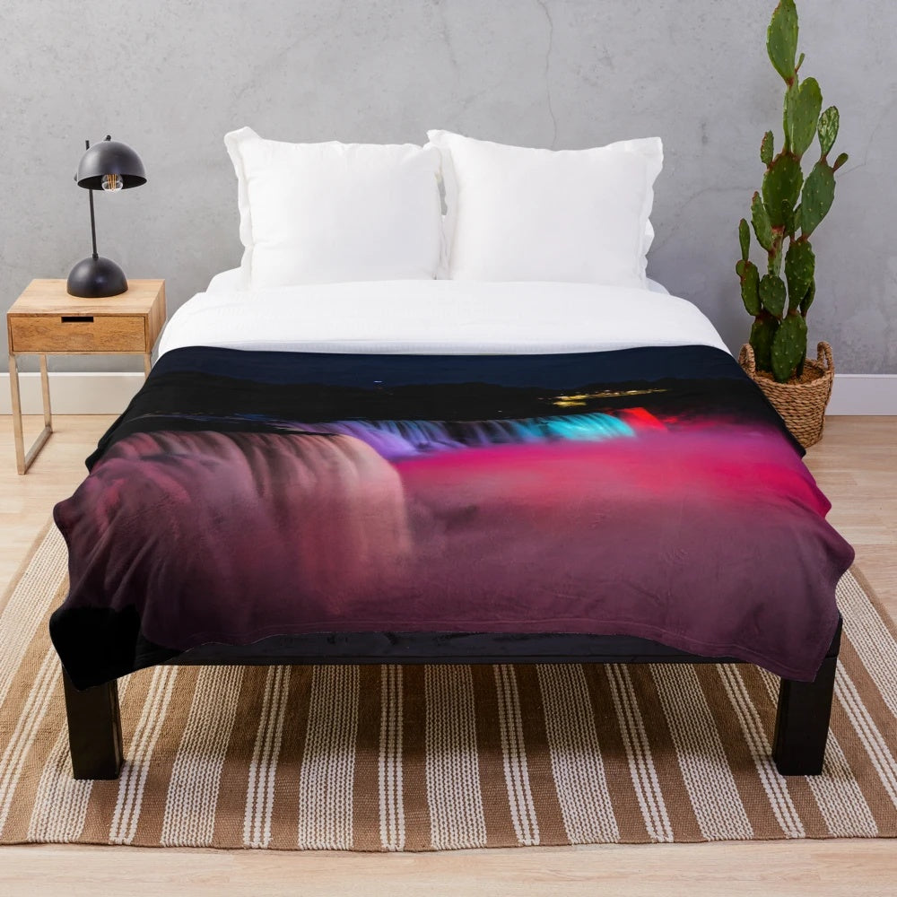 Pink plush blanket with Niagara Falls illumination scene