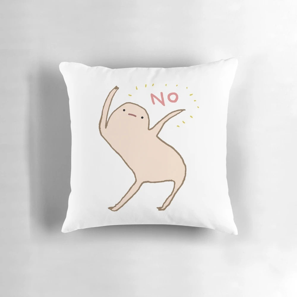 Illustrated image of a cute, kawaii blob character saying "No" or "Nope" to a pillow