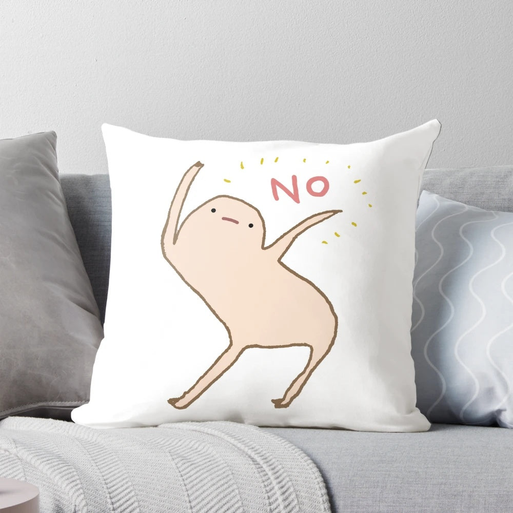 Illustrated image of a cute, kawaii blob character saying "No" or "Nope" to a pillow