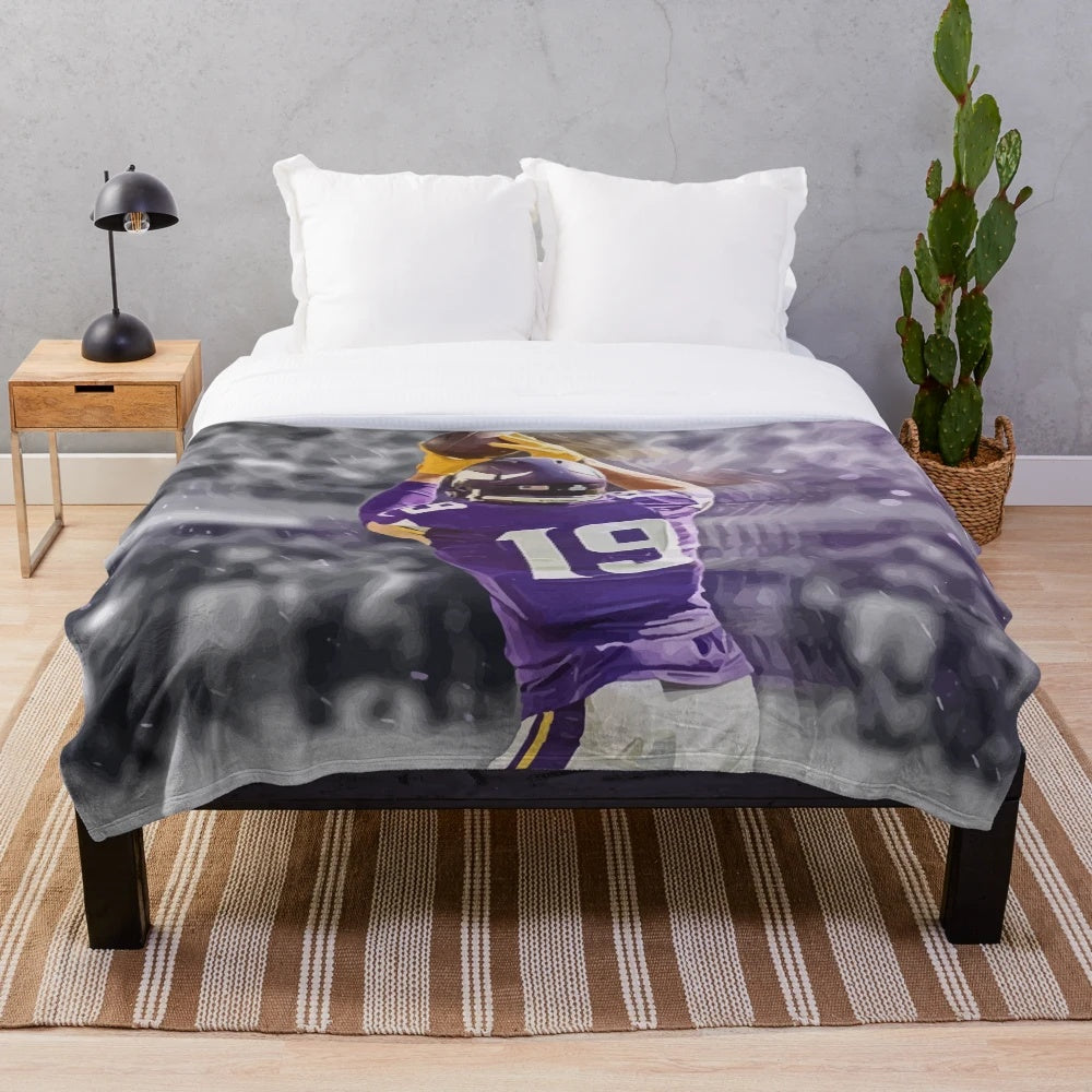 Illustrated plush blanket featuring football player Adam Thielen from the Minnesota Vikings