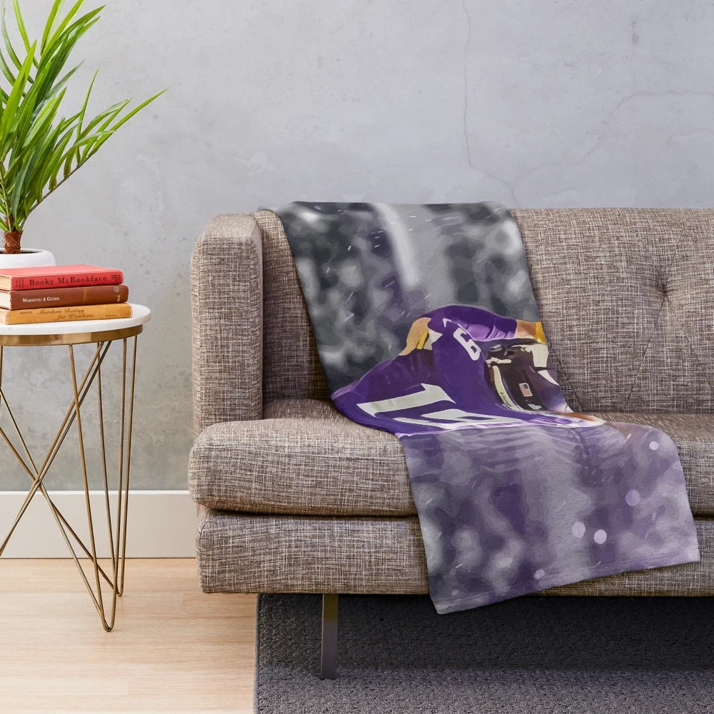 Illustrated plush blanket featuring football player Adam Thielen from the Minnesota Vikings