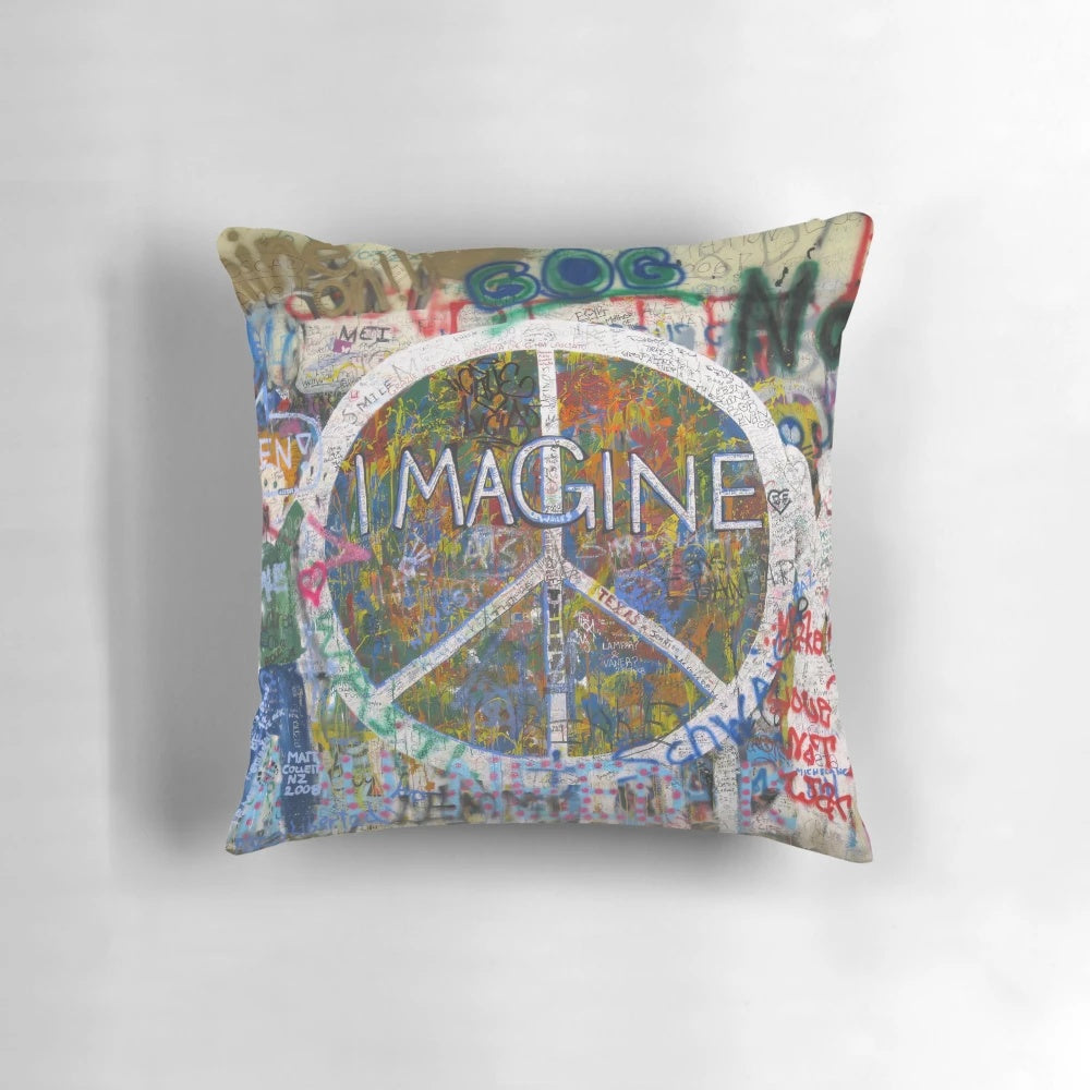 John Lennon-inspired pillow with the word "Imagine" and a circle design