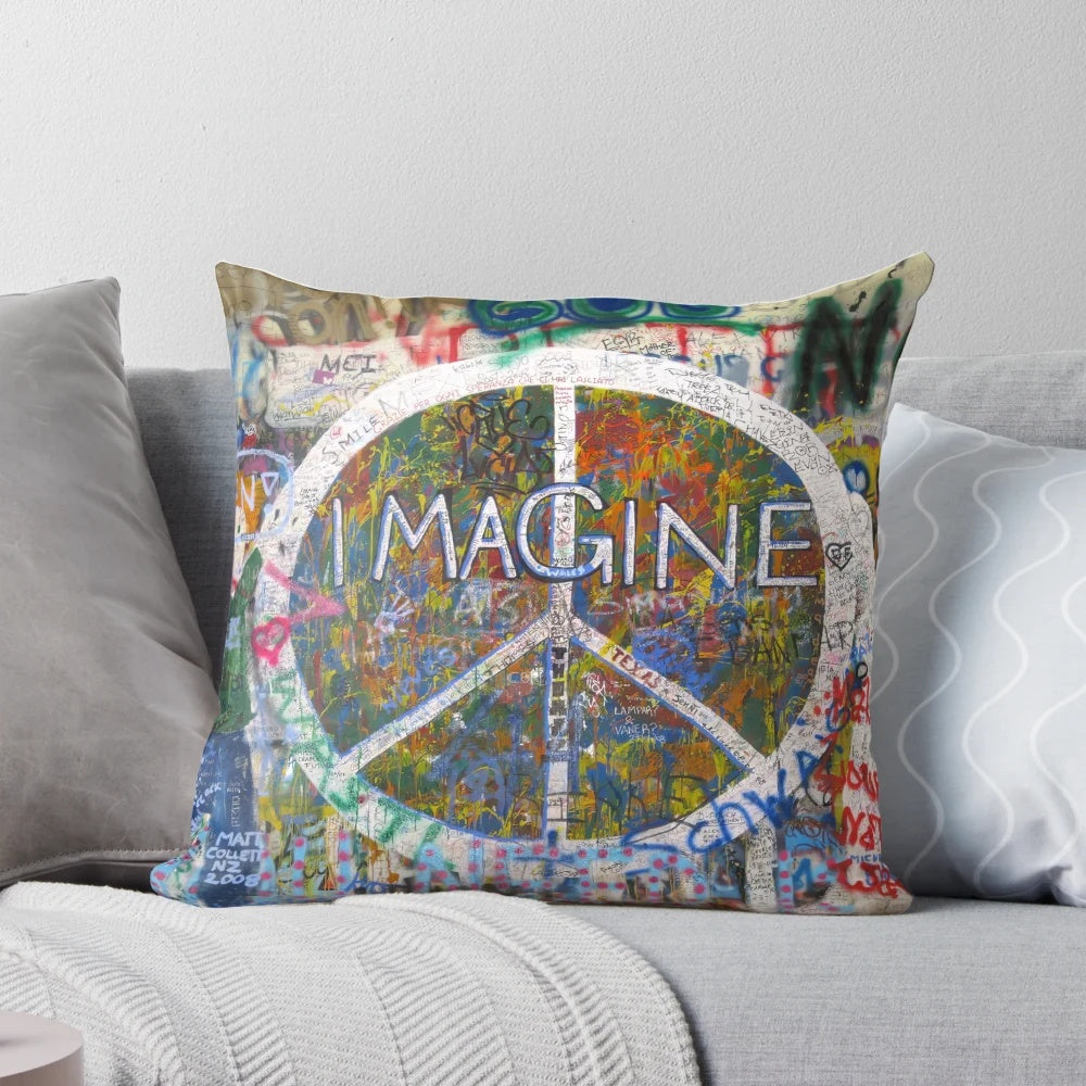 John Lennon-inspired pillow with the word "Imagine" and a circle design