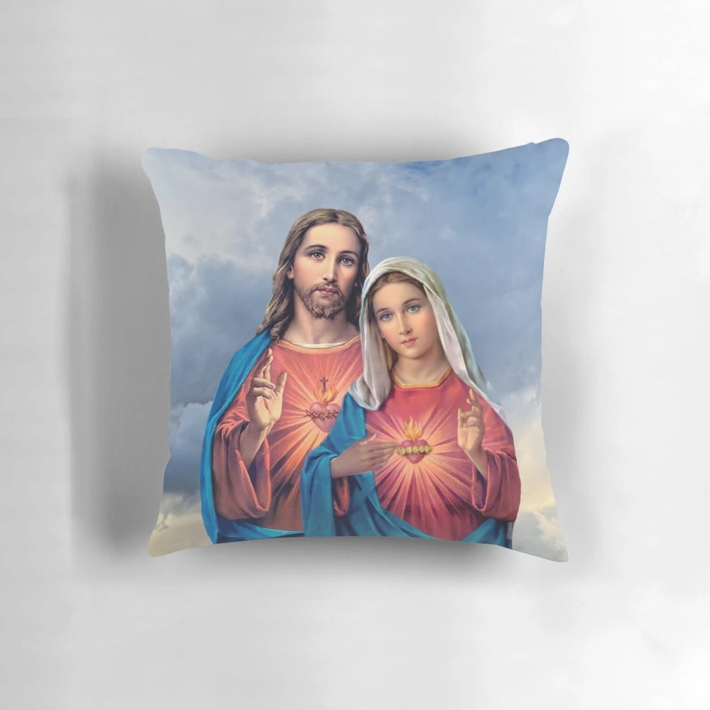 Pillow featuring an illustration of the Immaculate Heart of the Virgin Mary against a sky background