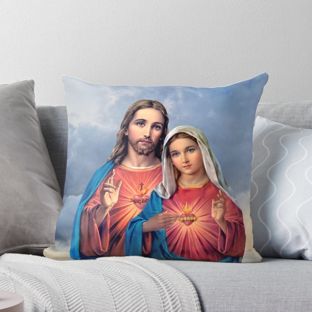 Pillow featuring an illustration of the Immaculate Heart of the Virgin Mary against a sky background