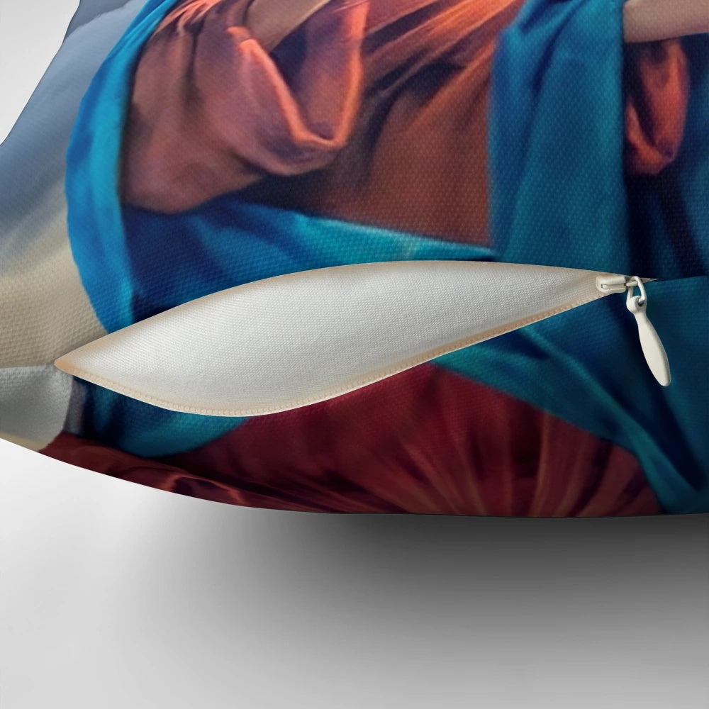 Pillow featuring an illustration of the Immaculate Heart of the Virgin Mary against a sky background