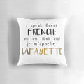A fluffy white pillow with the words "Fluent French" printed on it, perfect for Hamilton fans and French language enthusiasts.