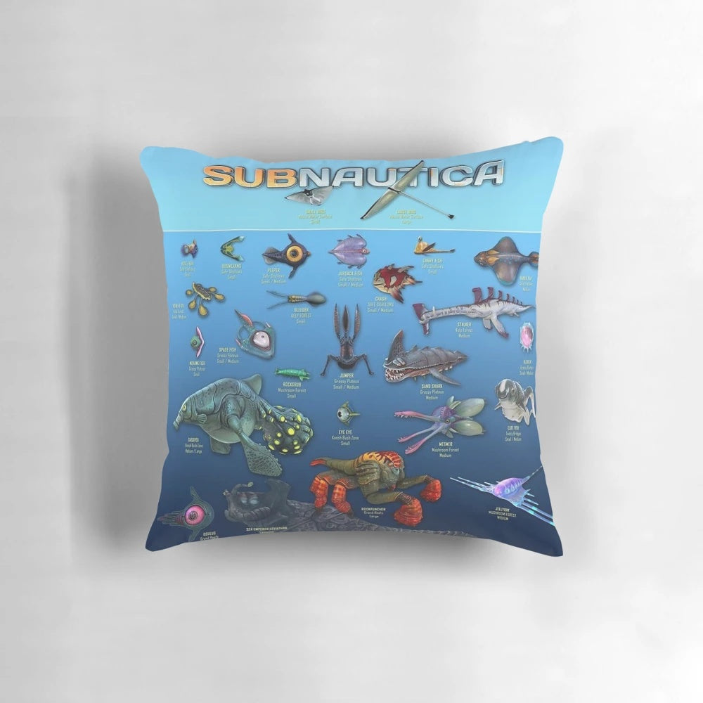 Subnautica-themed throw pillow featuring aquatic creatures and sci-fi elements