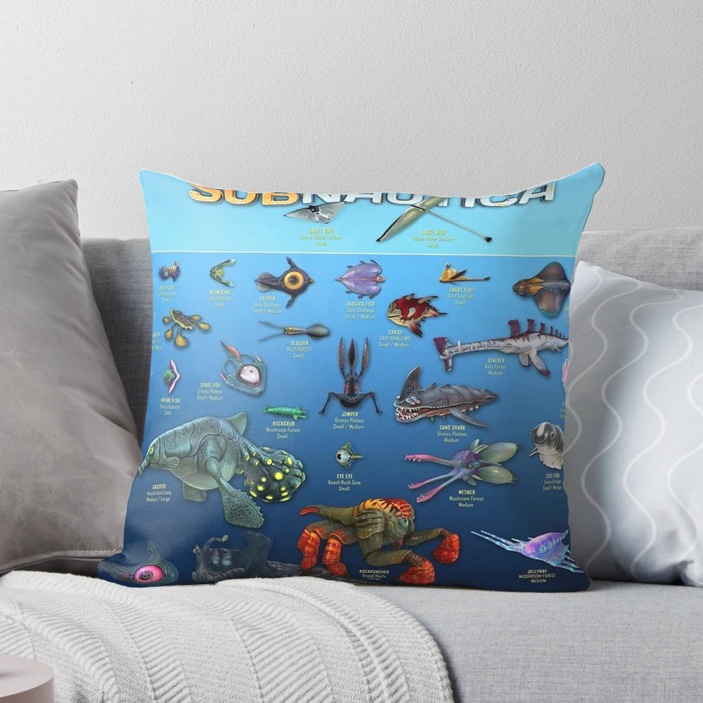 Subnautica-themed throw pillow featuring aquatic creatures and sci-fi elements