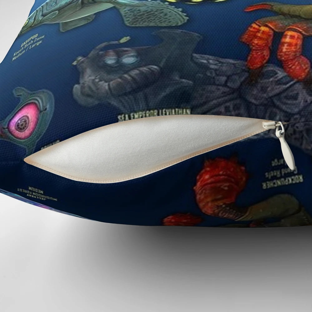Subnautica-themed throw pillow featuring aquatic creatures and sci-fi elements