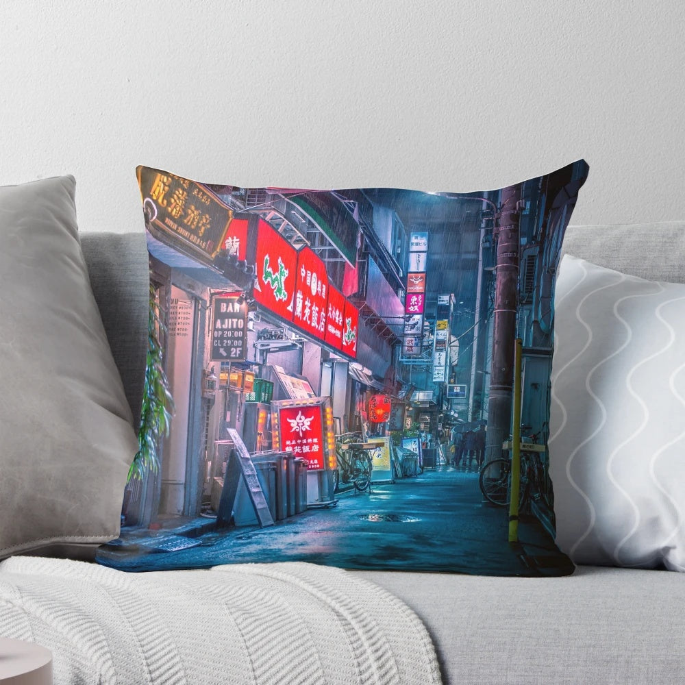 A pillow featuring a moody, neon-lit alleyway in the futuristic city of Neo Tokyo, capturing the cyberpunk aesthetic.