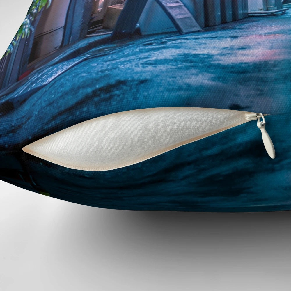 A pillow featuring a moody, neon-lit alleyway in the futuristic city of Neo Tokyo, capturing the cyberpunk aesthetic.