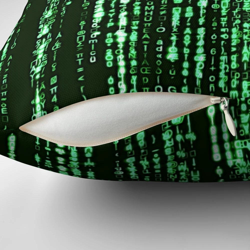 A Pillow featuring the iconic green matrix code from the classic sci-fi film, The Matrix