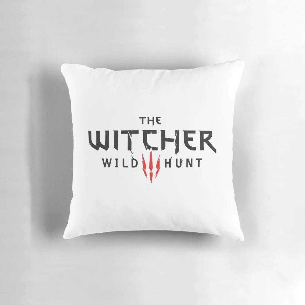 A soft, plush pillow featuring the iconic logo and characters from the hit video game The Witcher 3: Wild Hunt