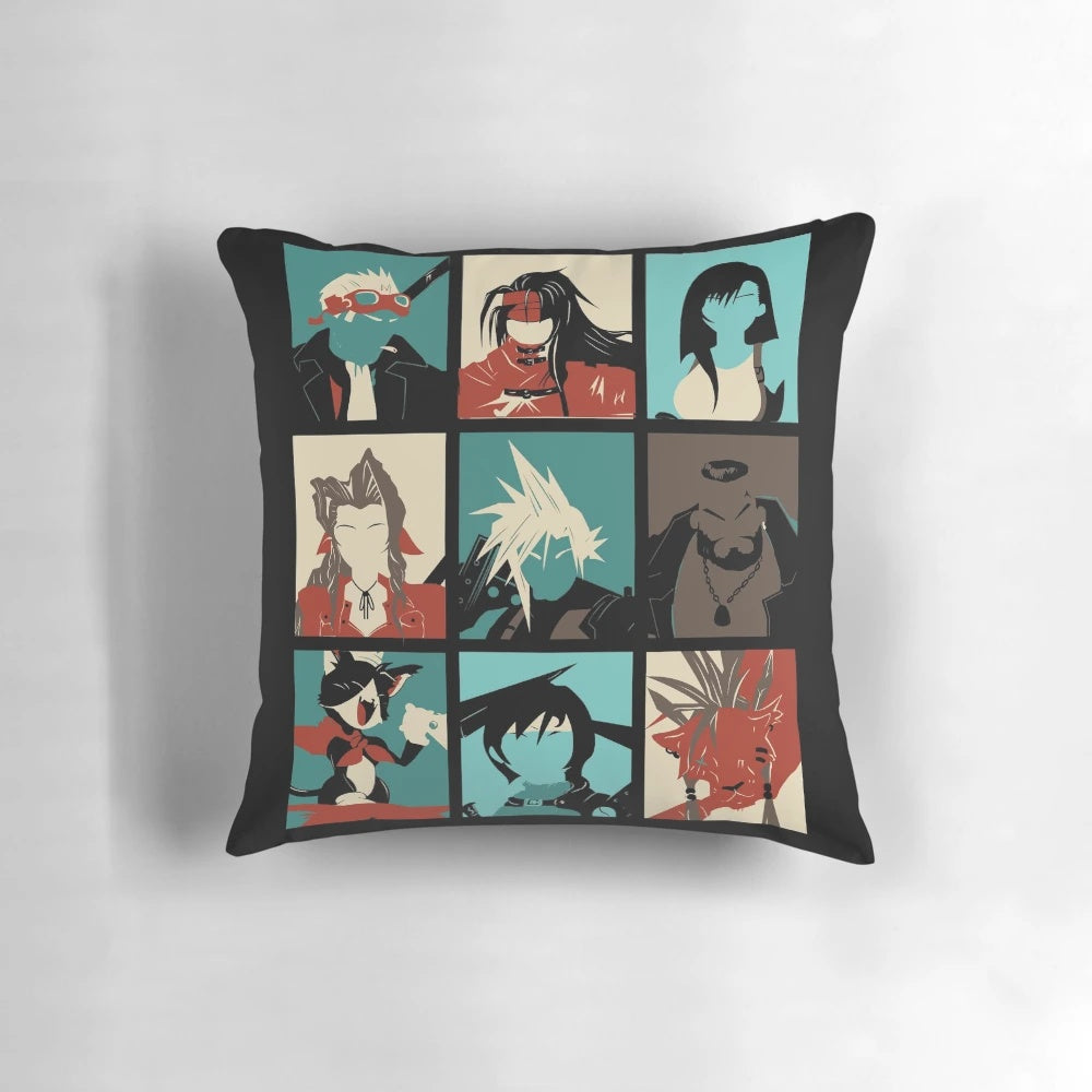 Final Fantasy VII-inspired pillow featuring iconic characters like Cloud Strife, Aeris, and Tifa
