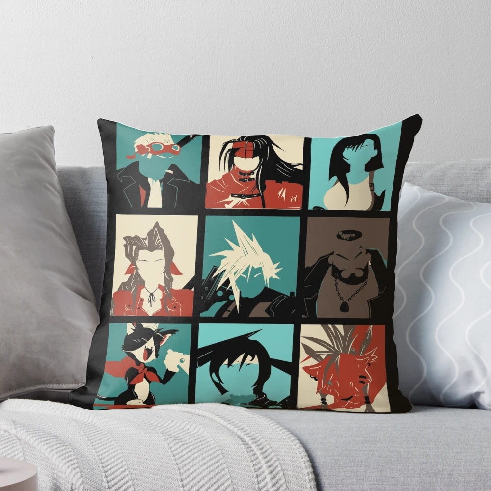 Final Fantasy VII-inspired pillow featuring iconic characters like Cloud Strife, Aeris, and Tifa