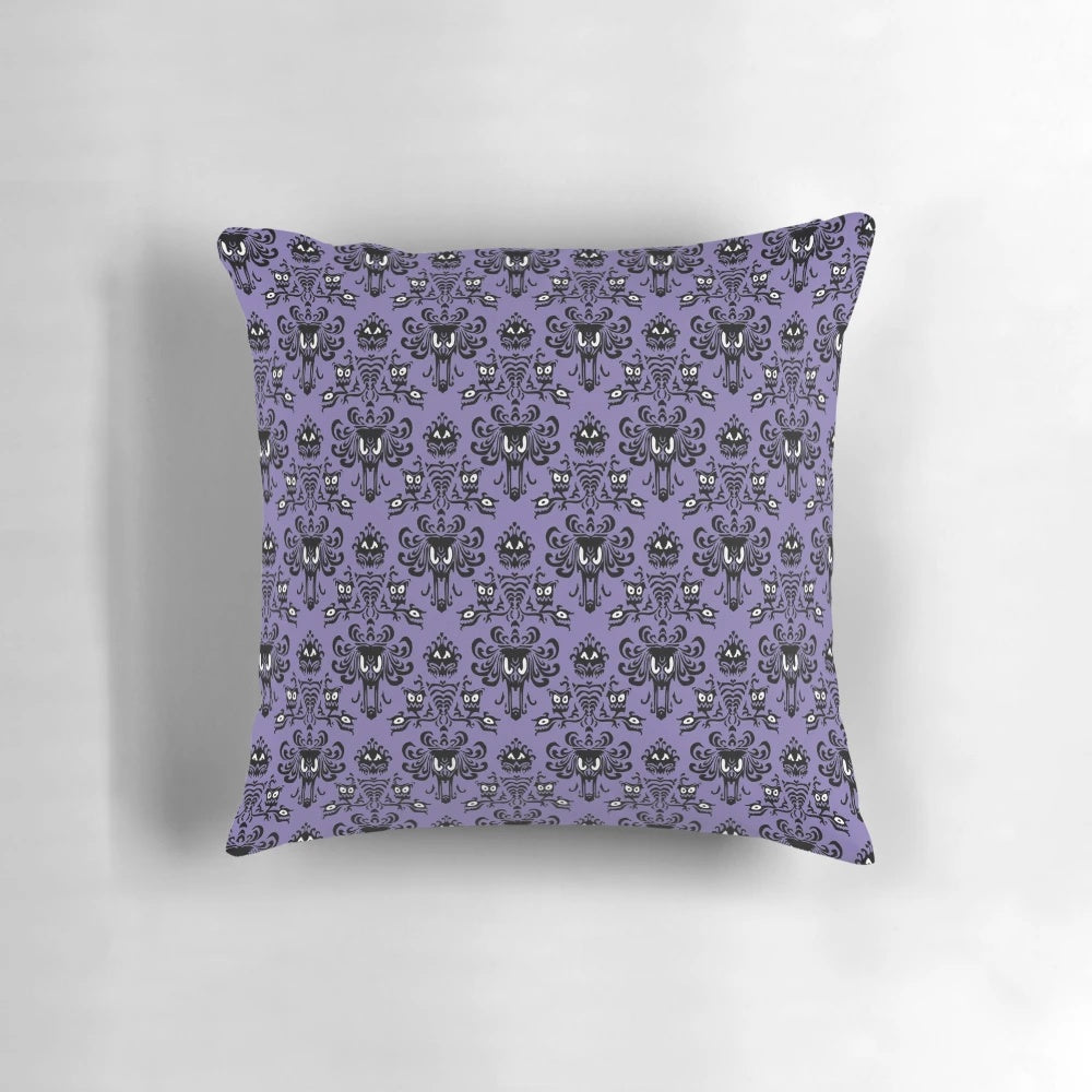 Haunted Mansion Wallpaper Pillow featuring spooky ghosts and iconic Disney ride elements