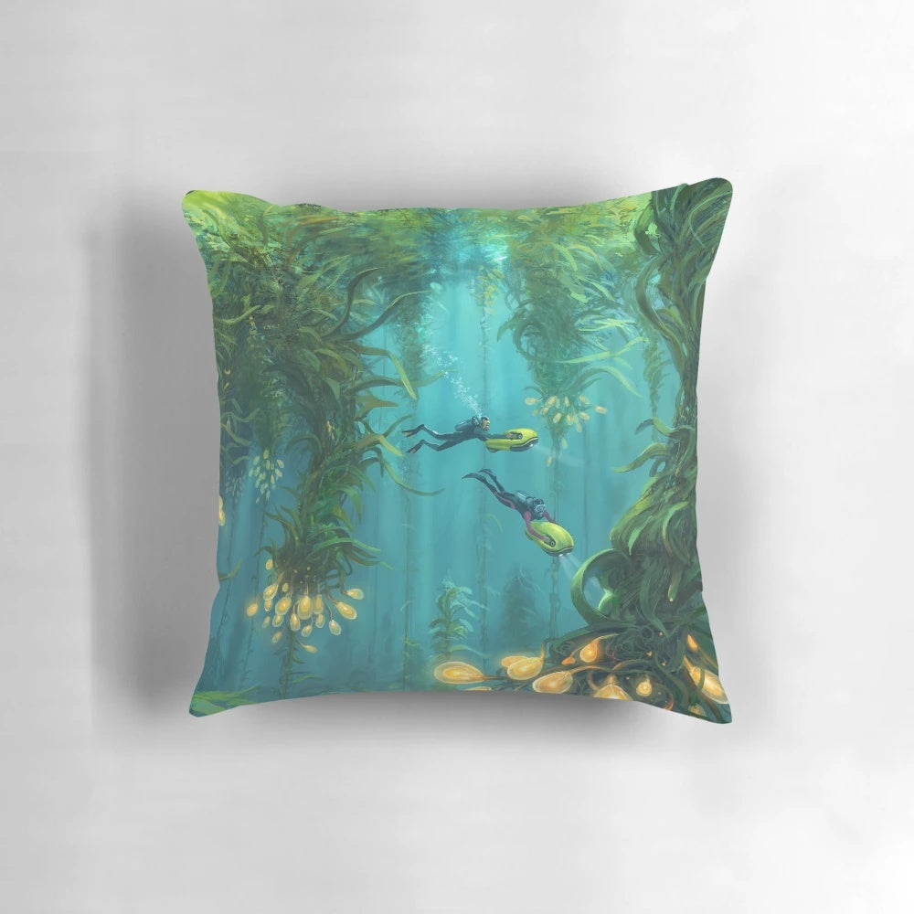 Kelp forest themed pillow with underwater design and marine life
