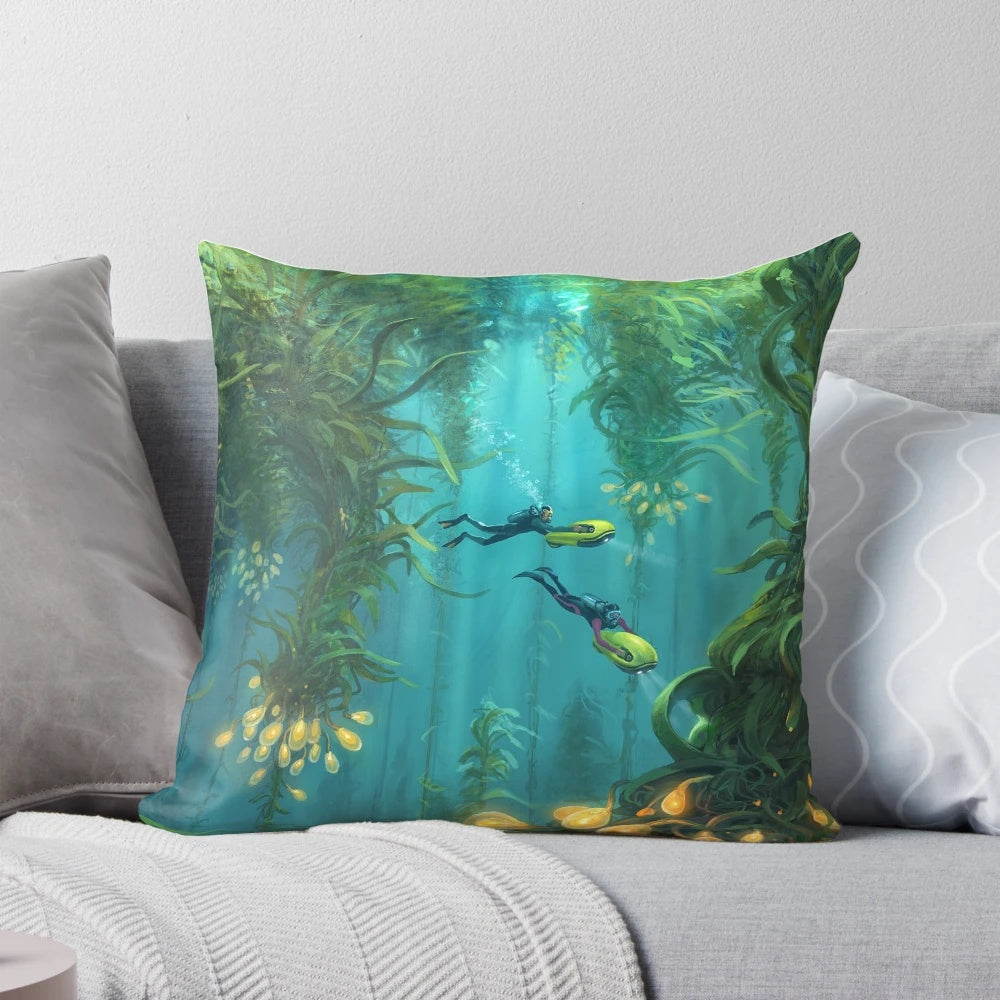 Kelp forest themed pillow with underwater design and marine life