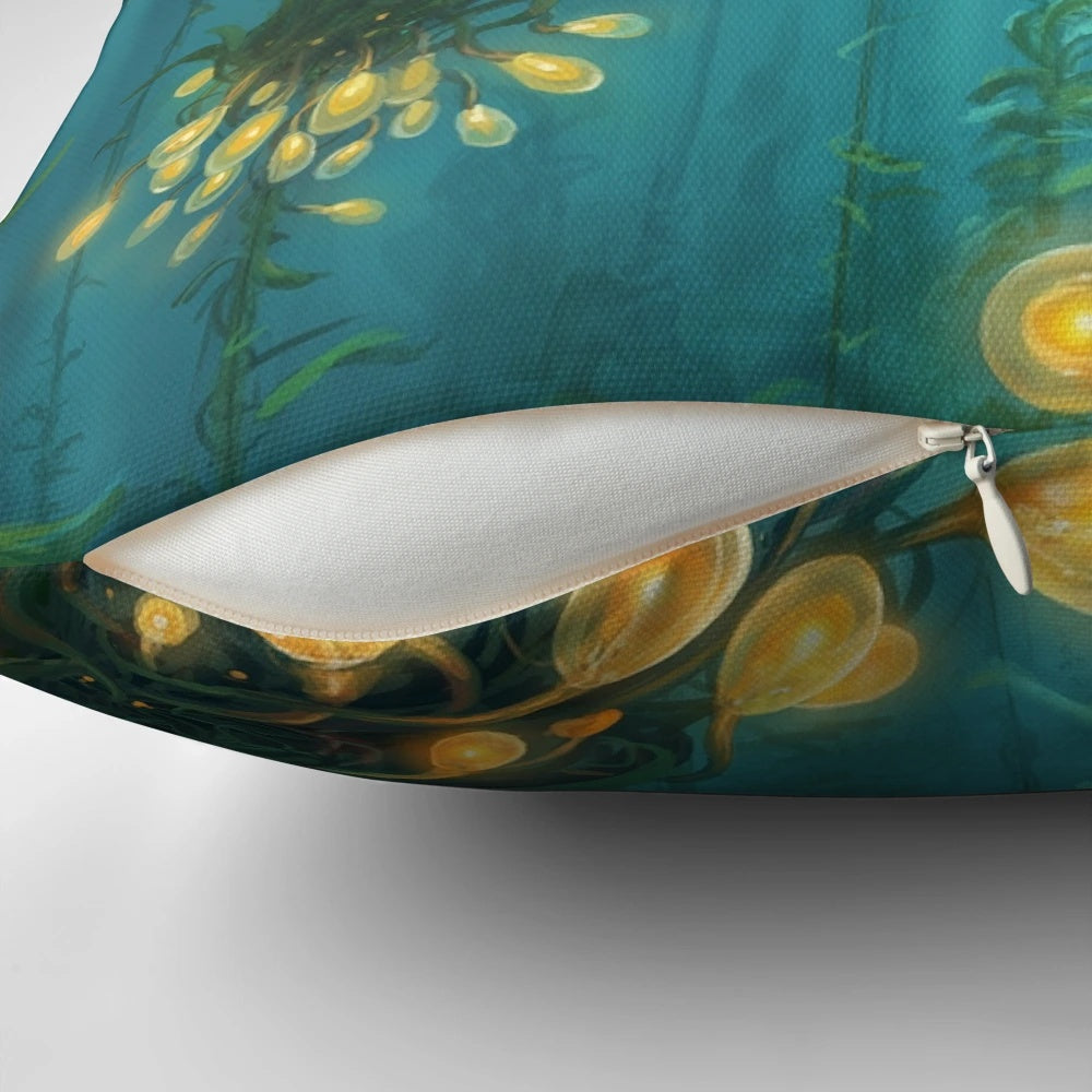 Kelp forest themed pillow with underwater design and marine life