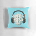 Person wearing music headphones embedded in a pillow for an immersive listening experience.