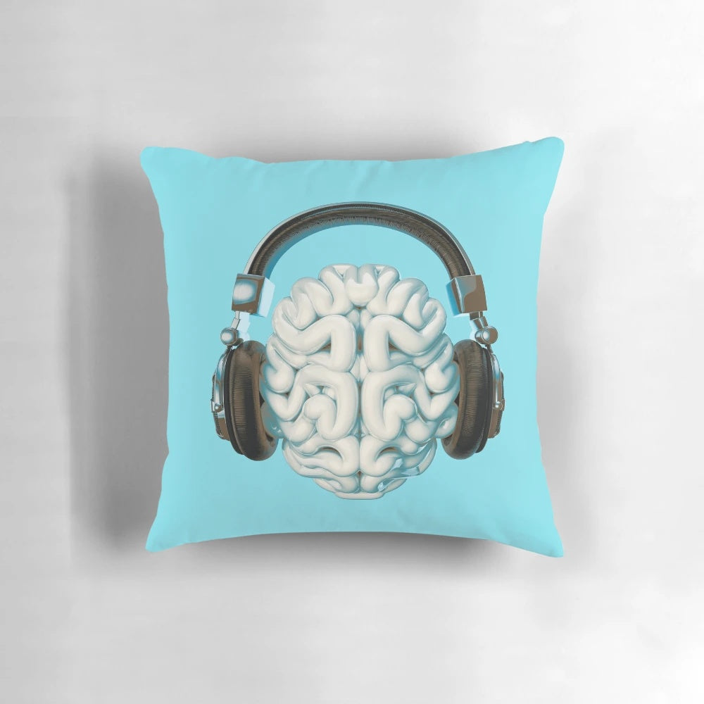 Person wearing music headphones embedded in a pillow for an immersive listening experience.