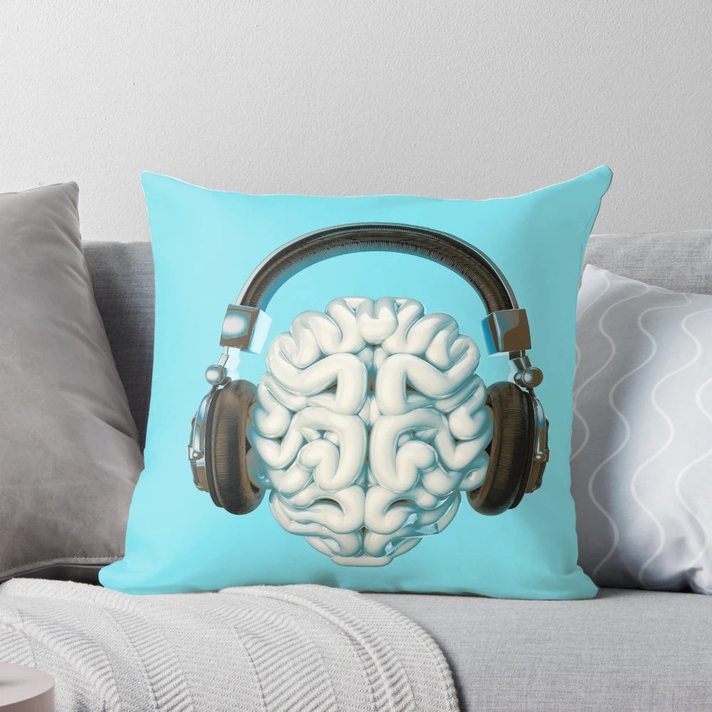 Person wearing music headphones embedded in a pillow for an immersive listening experience.