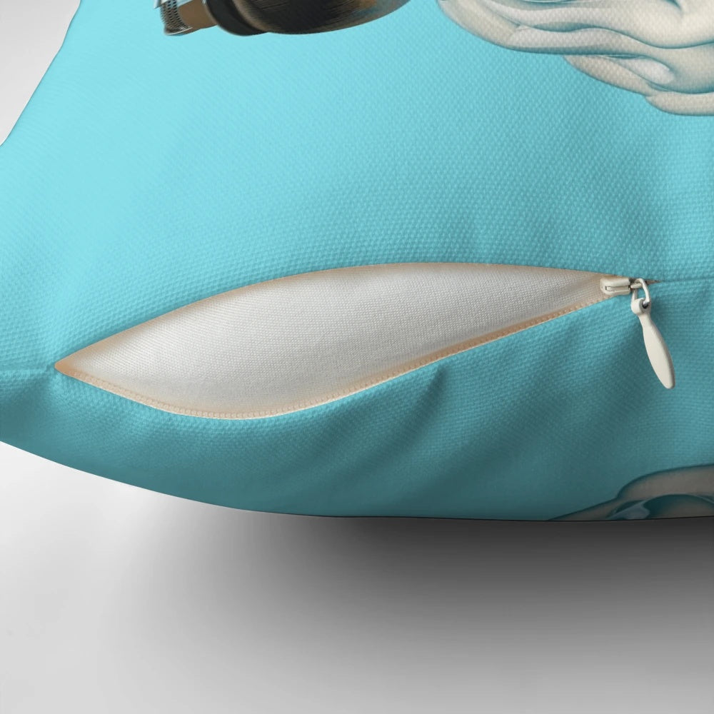 Person wearing music headphones embedded in a pillow for an immersive listening experience.