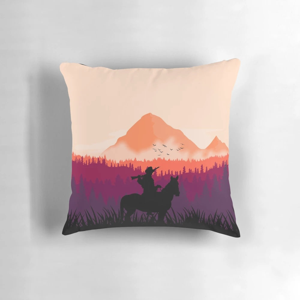 A vibrant sunset pillow featuring the iconic landscapes and characters from the Red Dead Redemption 2 video game.