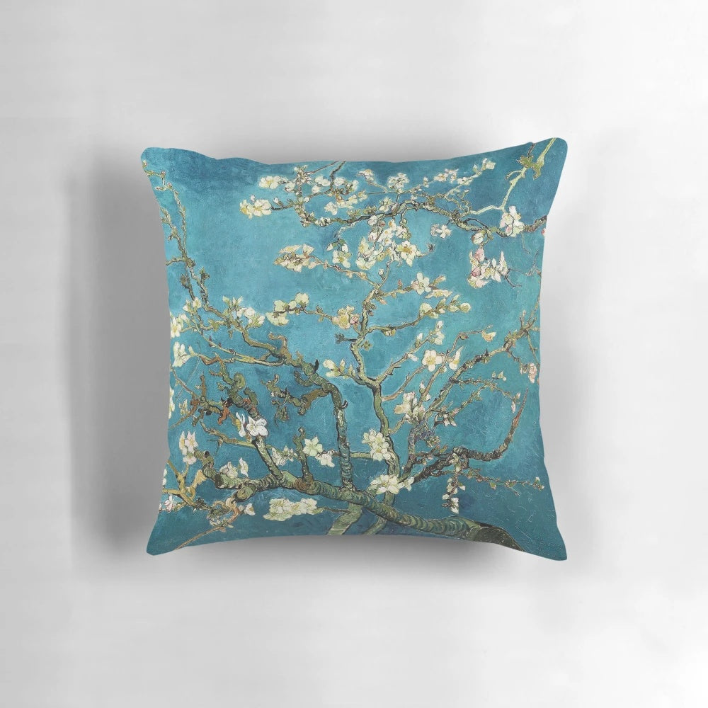 Vibrant Almond Blossom Painting Pillow Inspired by Famous Van Gogh Artwork