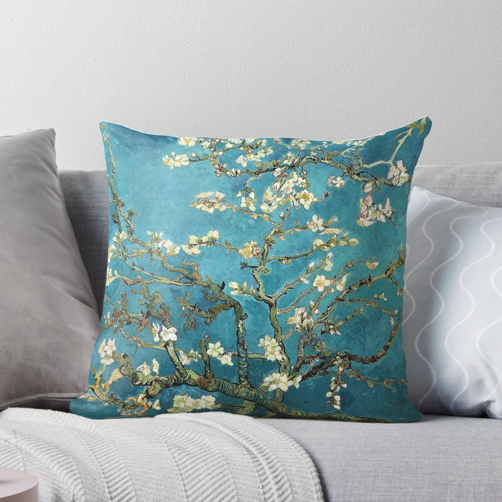 Vibrant Almond Blossom Painting Pillow Inspired by Famous Van Gogh Artwork