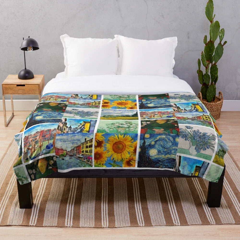 Plush blanket featuring an art collage inspired by the iconic works of van Gogh