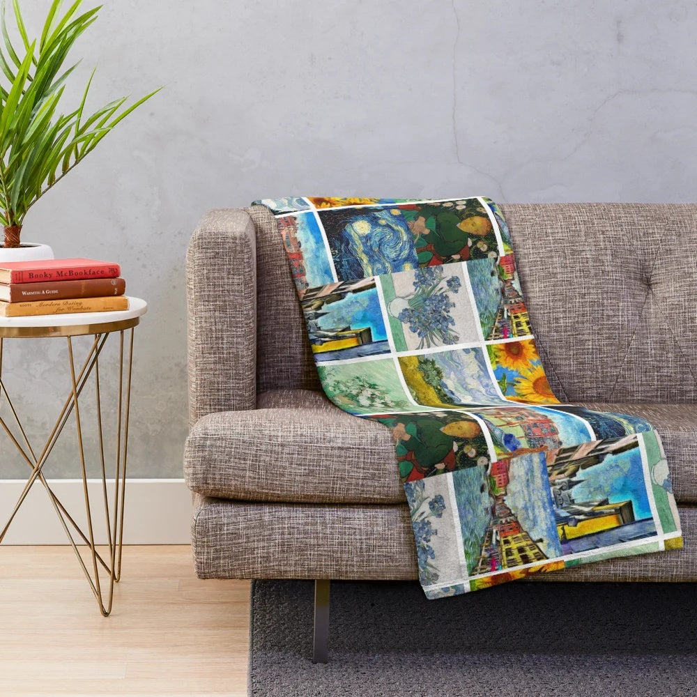Plush blanket featuring an art collage inspired by the iconic works of van Gogh