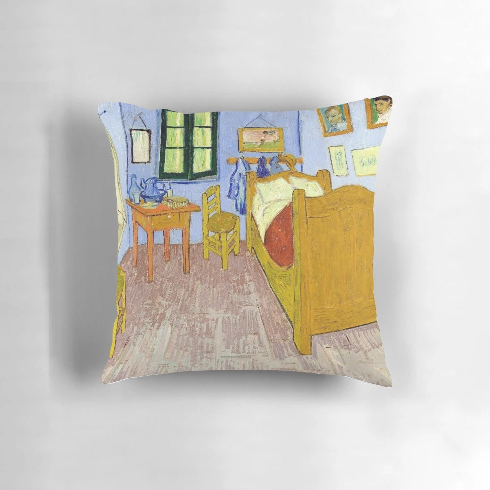 Decorative pillow featuring Van Gogh's iconic painting "The Bedroom in Arles