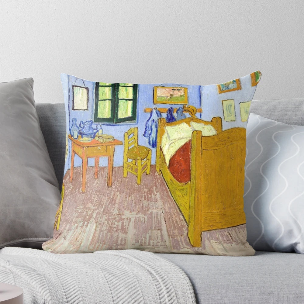 Decorative pillow featuring Van Gogh's iconic painting "The Bedroom in Arles