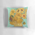 Vibrant pillow featuring Vincent Van Gogh's iconic "Twelve Sunflowers" painting in a vintage, impressionist style.