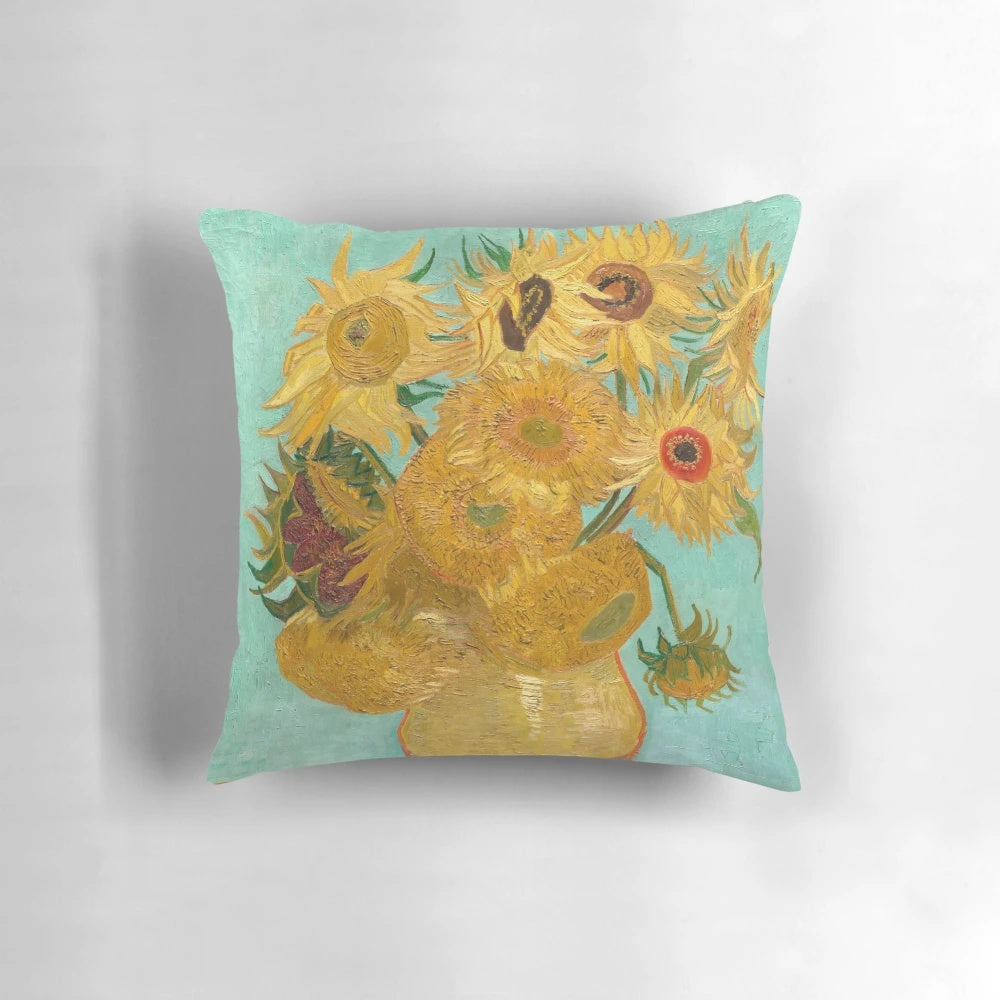 Vibrant pillow featuring Vincent Van Gogh's iconic "Twelve Sunflowers" painting in a vintage, impressionist style.