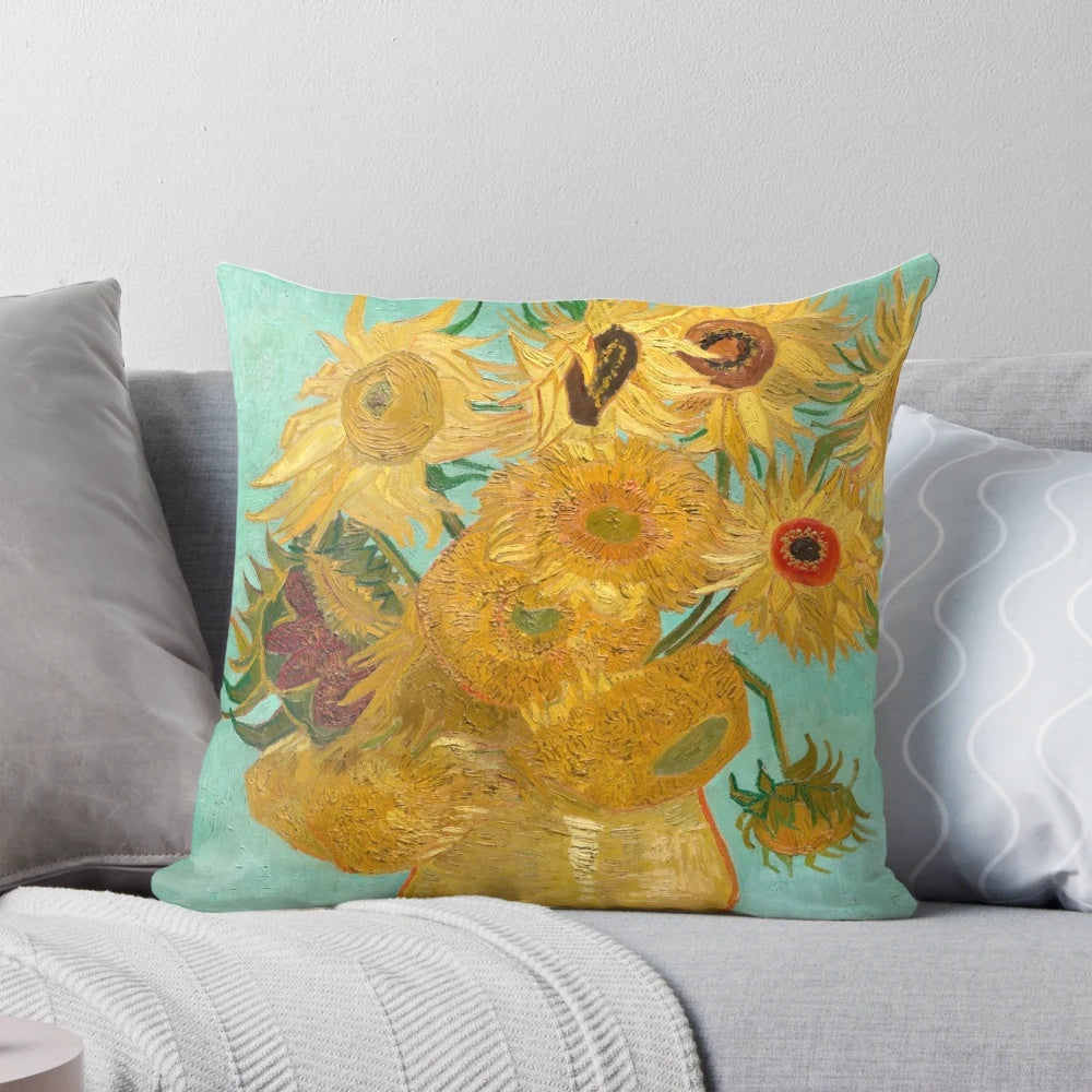 Vibrant pillow featuring Vincent Van Gogh's iconic "Twelve Sunflowers" painting in a vintage, impressionist style.