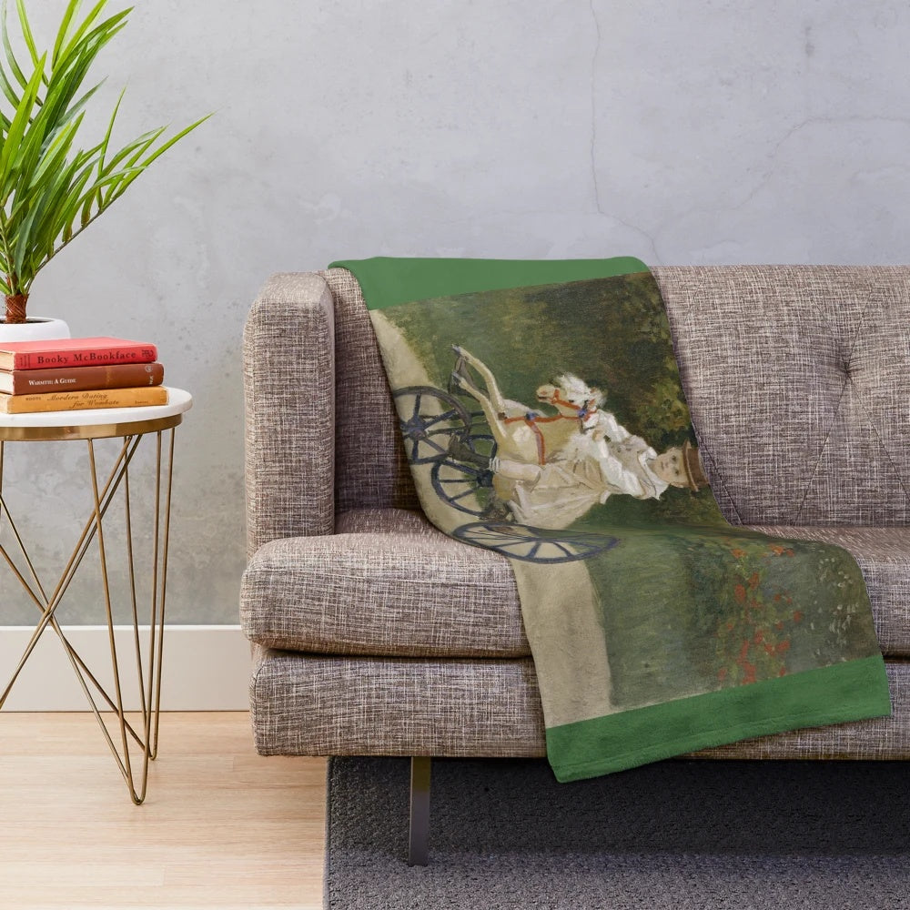 Plush blanket featuring the impressionist painting "Jean Monet on his Hobby Horse" by Claude Monet